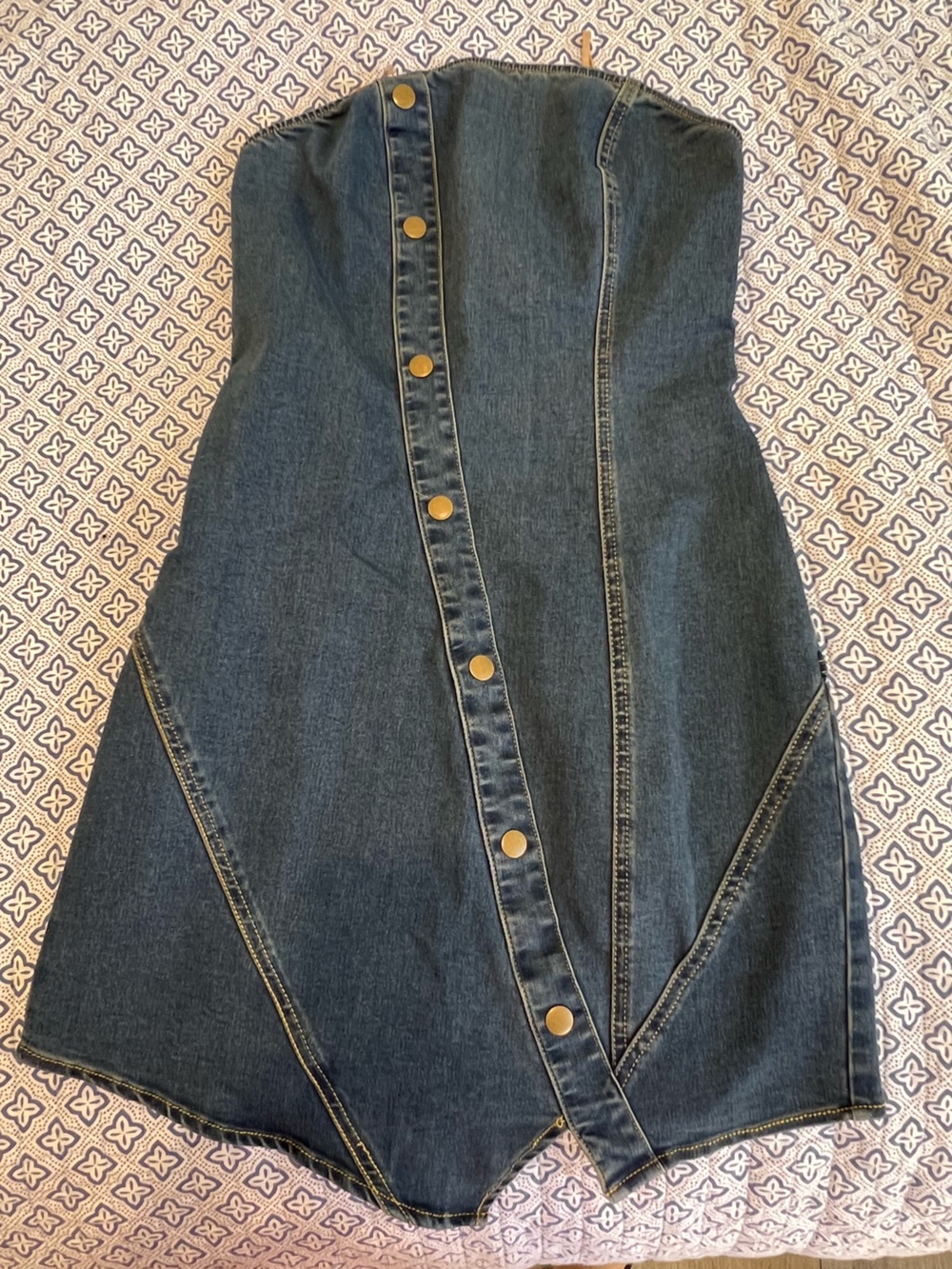Stretchy Denim Strapless Button-Front Mini Dress - Dark Blue New Without Tags